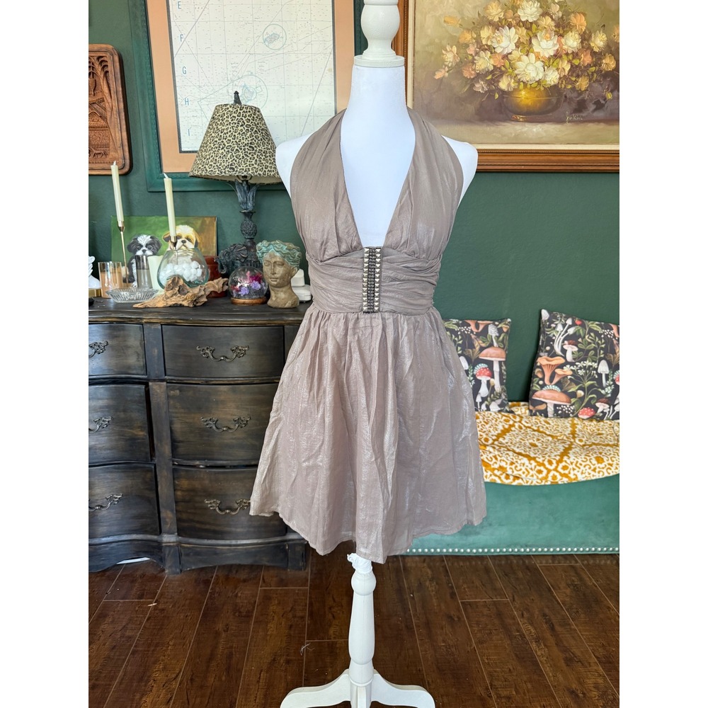 2b Bebe Metallic Halter Mini Dress Studded Empire Waist Taupe XS‎